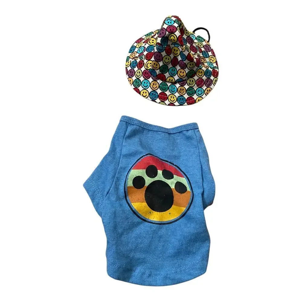 NWT Bundle Size XS Dog Clothes Hat T-shirt Colorful Summer Smiley Short Sleeve